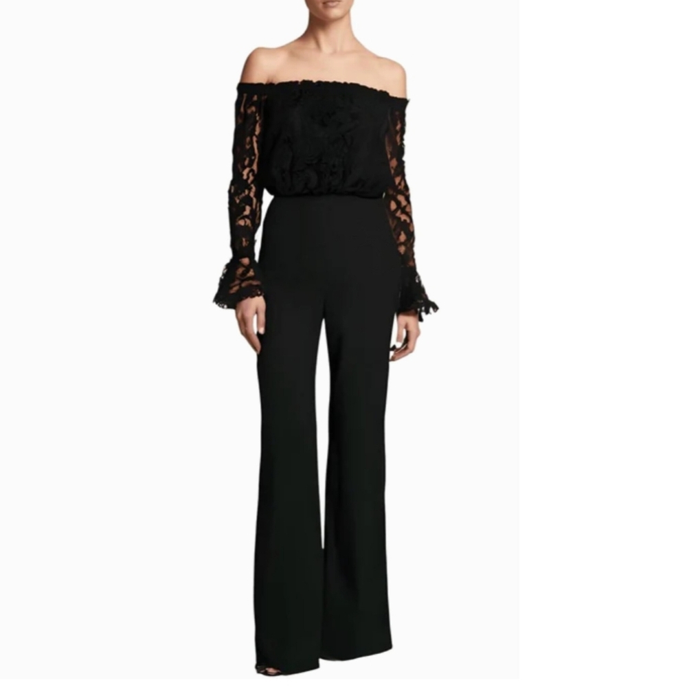 Adrianna Papell Elegant Black Lace Sleeves Off-Shoulder Jumpsuit